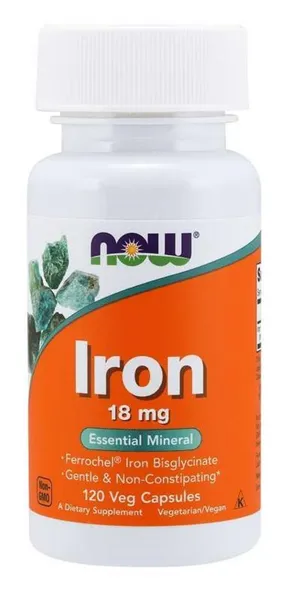 NOW Iron Bisglycinate, železo chelát 18 mg, 120 rostlinných kapslí
