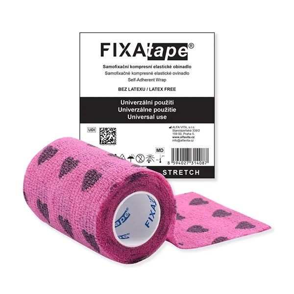Fixatape Stretch  7,5 x 450 cm, fialový s černými srdíčky