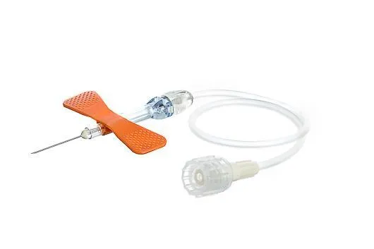 Intravenózní kanyla, s křídlem a držákem, bezpečnostní, oranžová 25G, hadička 19cm, 90ks