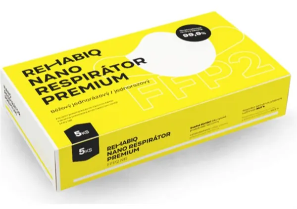 Respirátor Nano Rehabiq Premium FFP2 s účinností 12 hodin, 5 ks (česká výroba)